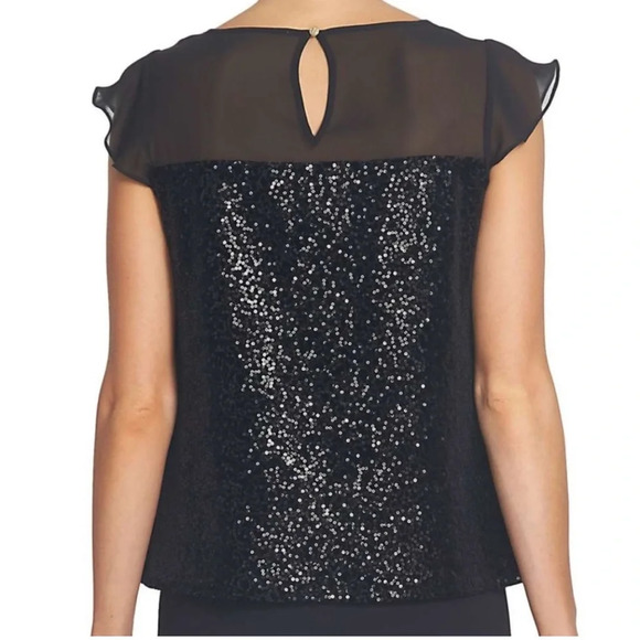 CeCe by Cynthia Steffe Black Sequin Flutter Festive Party Top Blouse Sz Small - Picture 2 of 8